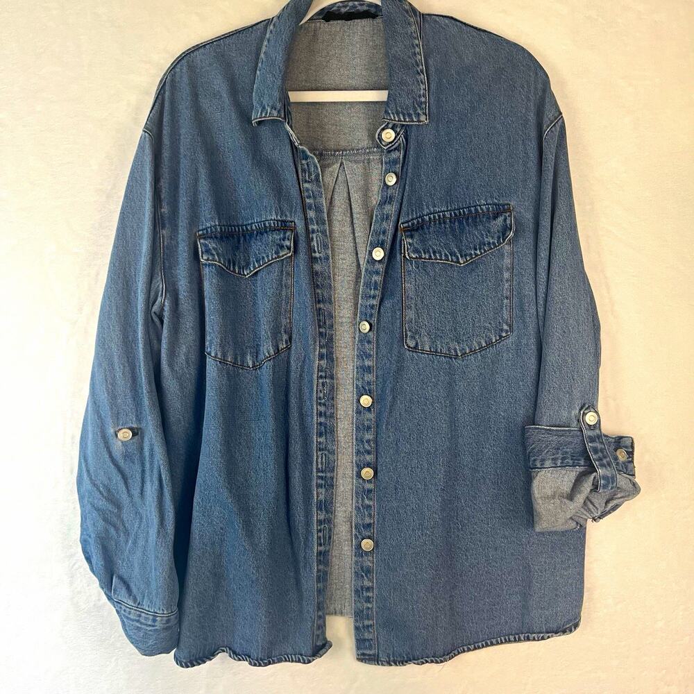 Jane and Delancey XL Blue Solid Denim Lyocell Cotton Button-Up Pockets Y2K Fall